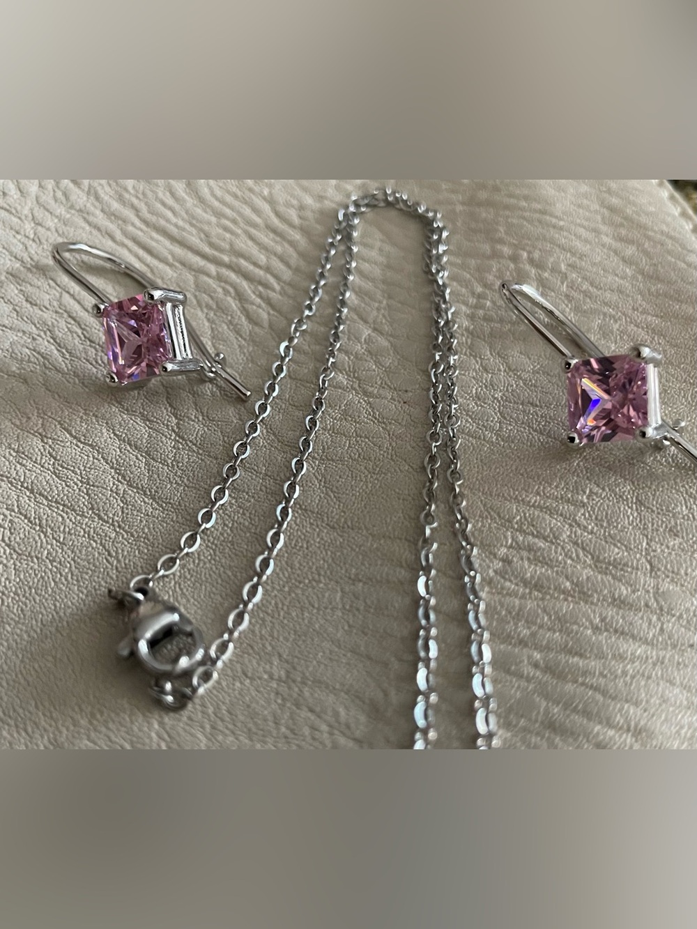 Pink Crystal Pendant Necklace and Earring Set - Silver Tone - Picture 2 of 4